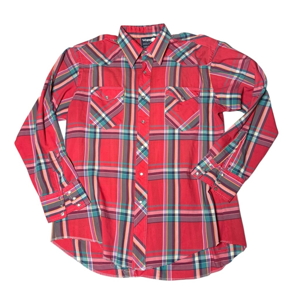 Wrangler western pearl snap cowboy cut shirt ‎ Red Blue Plaid XL Tall 16.5 neck